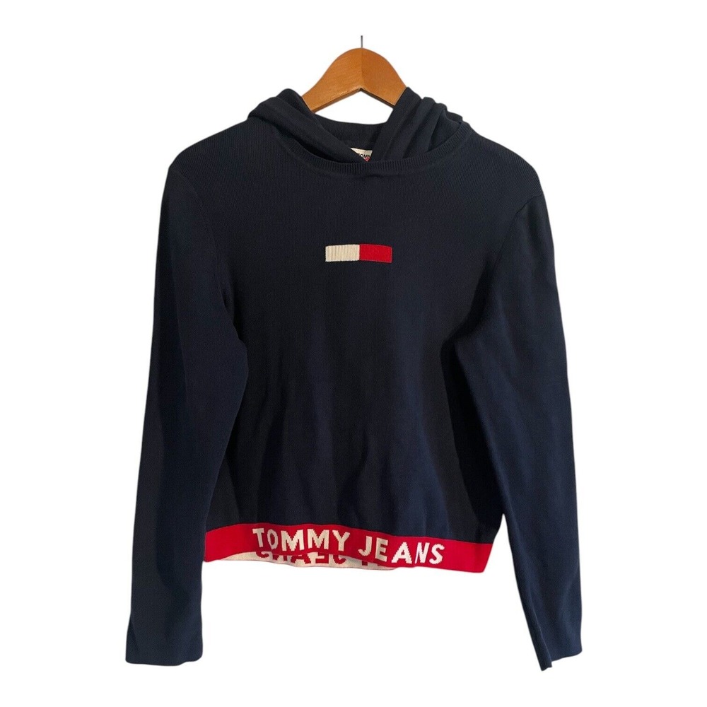 Tommy Hilfiger Hoodie Sz Medium Cropped Navy Blue‎ Red Banded Spellout Y2k Retro